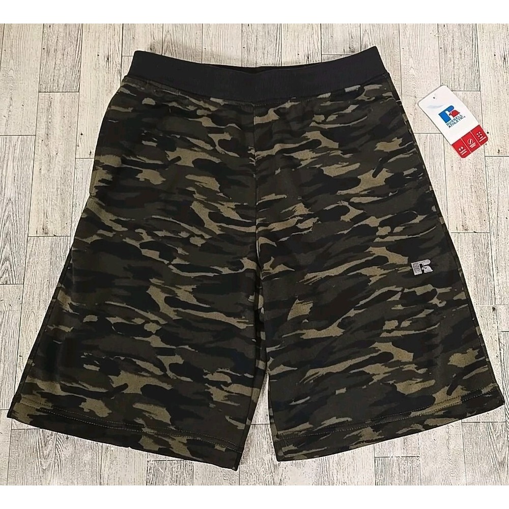 Russell Shorts Large 14-16 Boys Green CAMO Fleece Lined Athletic NEW